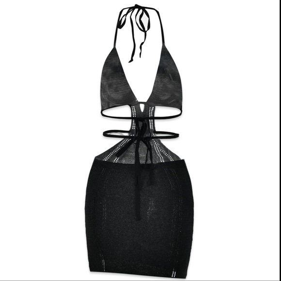 Cut Out Black Crochet Mini Dress | Sz S | Halter Tie, Backless | NWT - Picture 3 of 5